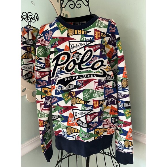POLO / RALPH LAUREN - Embroidered POLO Pennants Baseball Flags M Sweater - Picture 7 of 11